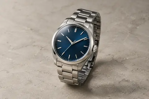 Montre automatique en acier argenté à cadran bleu, photographiée sur un fond minéral clair.