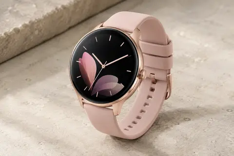 Montre connectée Jugeman S30 rose doré avec écran AMOLED et bracelet en silicone, posée sur un fond minéral clair