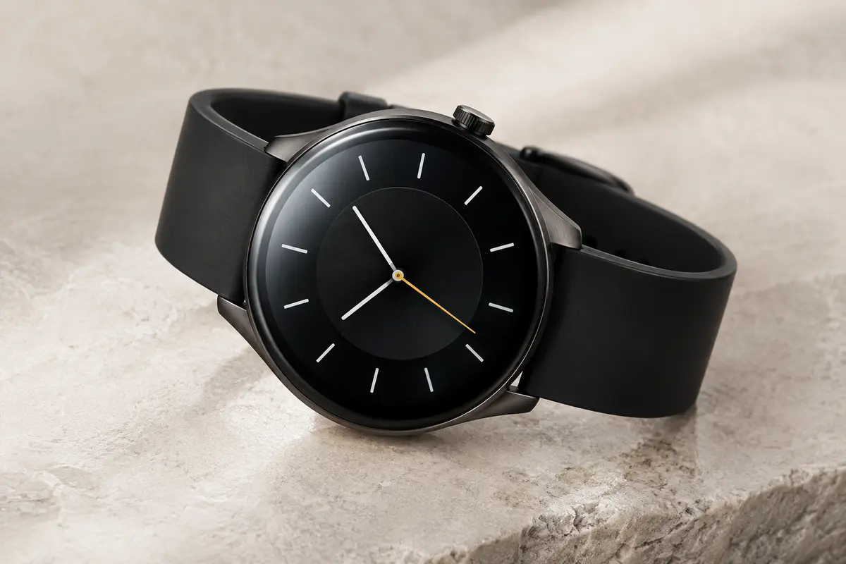 Montre connectée ronde noire avec écran AMOLED et bracelet assorti, photographiée sur un fond minéral clair.