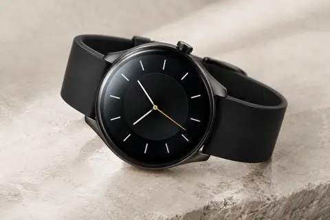 Montre connectée ronde noire avec écran AMOLED et bracelet assorti, photographiée sur un fond minéral clair.