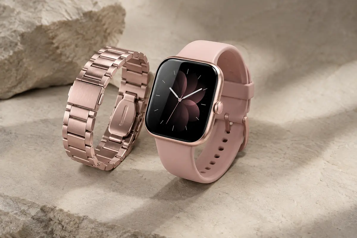 Montre connectée Kalinco rose avec écran de 1,85 pouce et bracelets en métal et silicone
