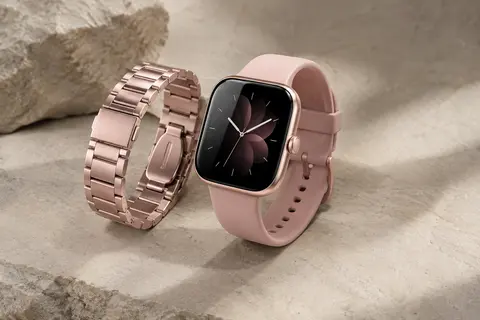 Montre connectée Kalinco rose avec écran de 1,85 pouce et bracelets en métal et silicone