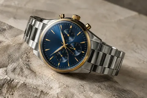 Montre chronographe au cadran bleu rayonnant, détails dorés et bracelet en acier inoxydable