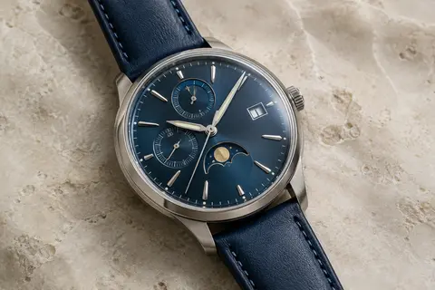 Montre chronographe à cadran bleu, boîtier argenté et bracelet en cuir bleu sur fond minéral ivoire.