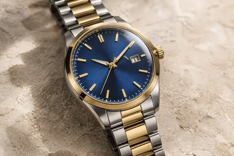 Montre Lige à cadran bleu, détails dorés, aiguilles luminescentes et bracelet en acier inoxydable