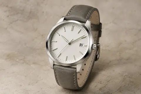 Montre Lige à quartz au cadran blanc, boîtier argenté, date et bracelet en cuir