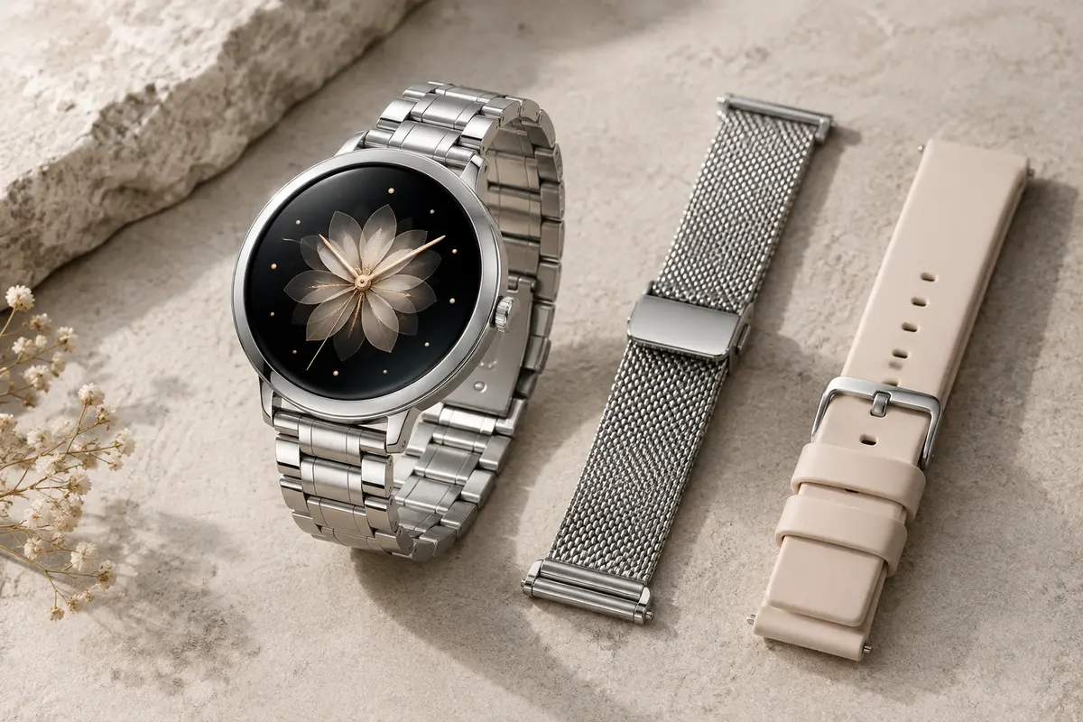 Montre connectée Lige argentée avec écran tactile et deux bracelets présentés sur un fond minéral clair.