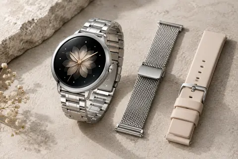 Montre connectée Lige argentée avec écran tactile et deux bracelets présentés sur un fond minéral clair.
