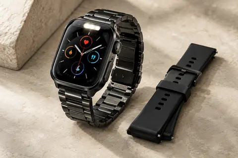 Montre connectée noire à grand écran tactile, lampe LED intégrée et deux bracelets en acier et silicone.