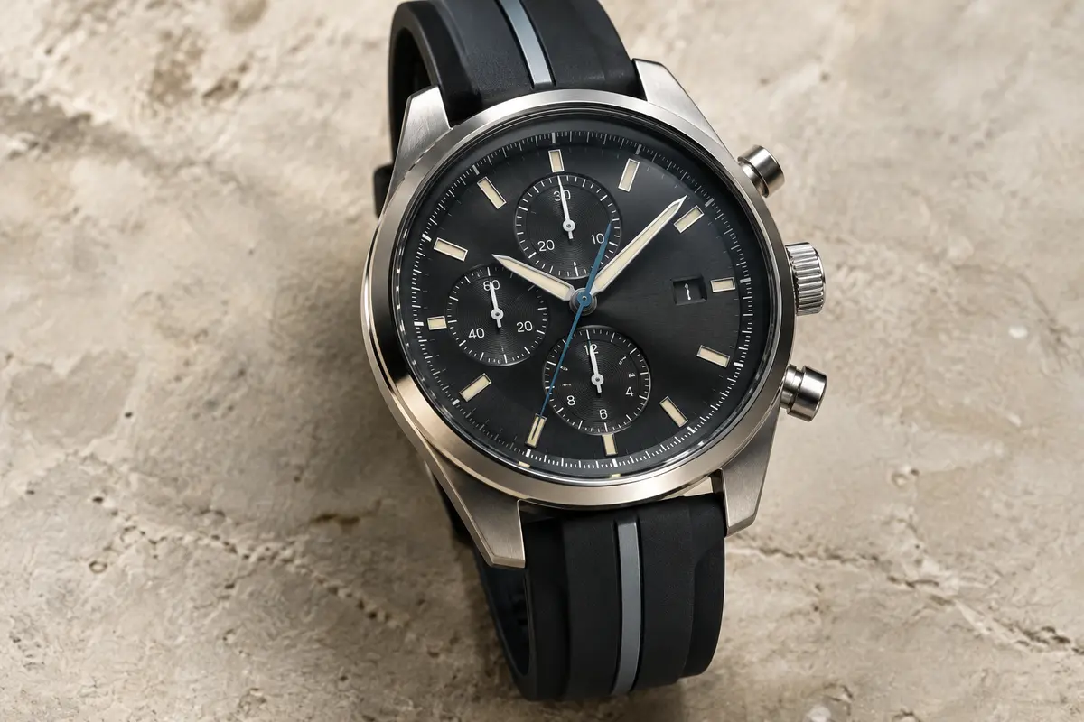 Montre chronographe Lige à cadran sombre, boîtier en acier et bracelet en silicone bicolore.