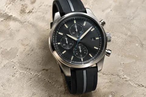 Montre chronographe Lige à cadran sombre, boîtier en acier et bracelet en silicone bicolore.
