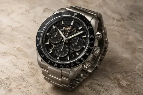 Montre Lige à cadran noir travaillé, chronographe et bracelet en acier inoxydable sur fond minéral clair.