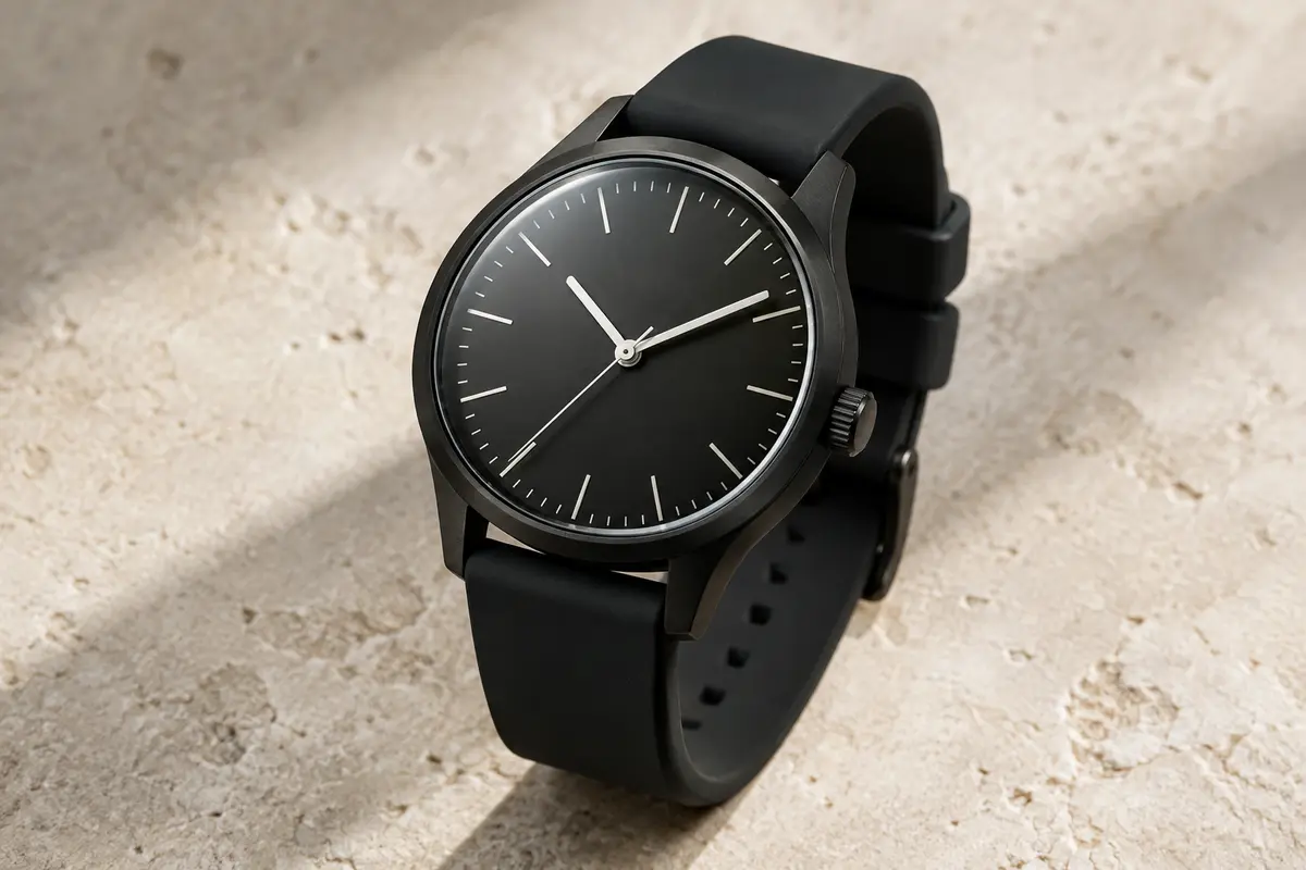 Montre noire à cadran analogique lumineux et bracelet en silicone, posée sur un fond minéral ivoire.