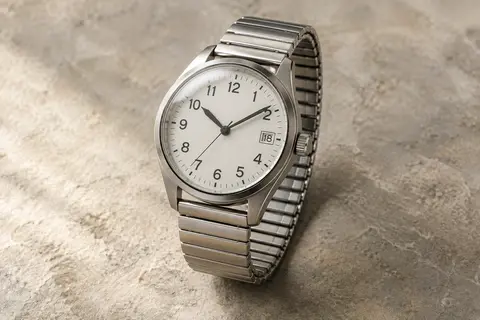 Montre de terrain LN Lenqin à cadran blanc, grands chiffres arabes, date et bracelet extensible en acier argenté