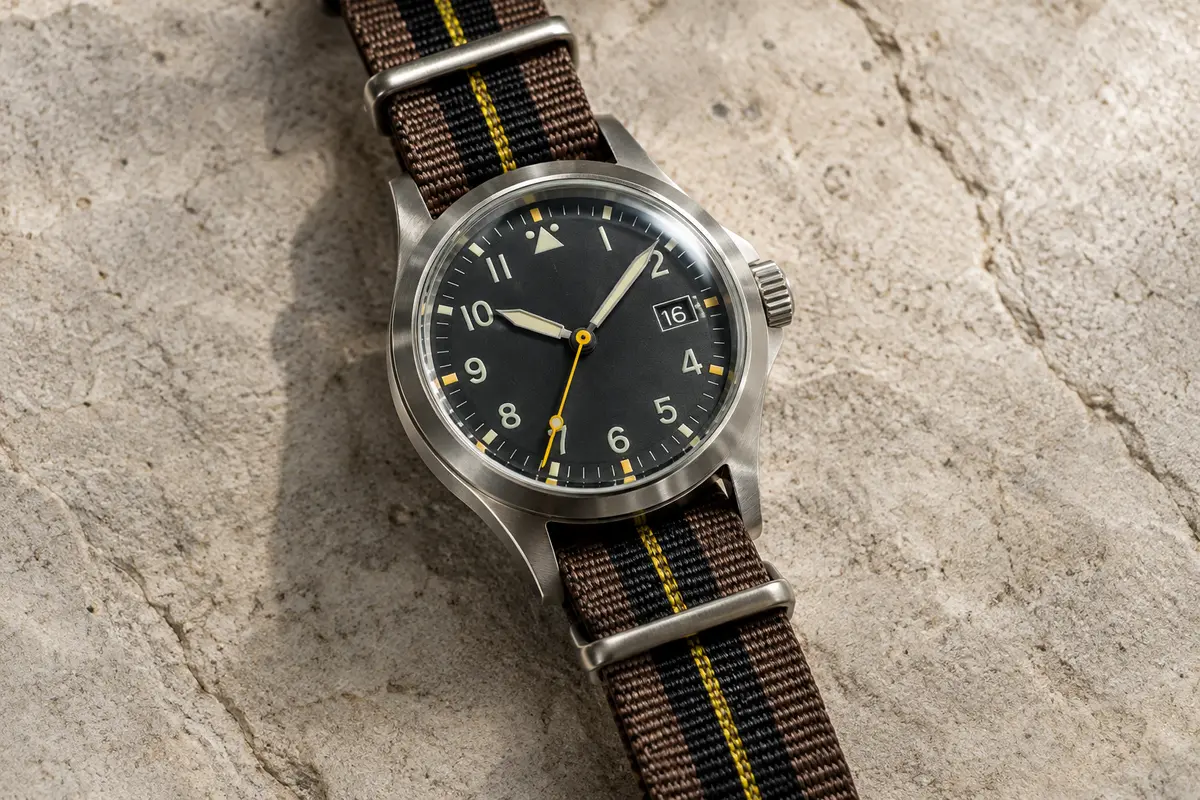 Montre de terrain LN Lenqin à cadran lumineux, boîtier en acier et bracelet en nylon brun et noir
