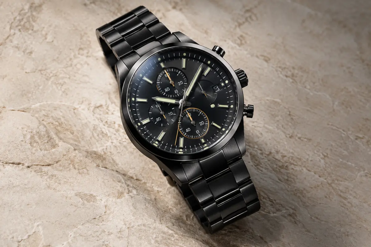 Montre chronographe Megalith à bracelet en acier noir, photographiée sur un fond minéral ivoire.