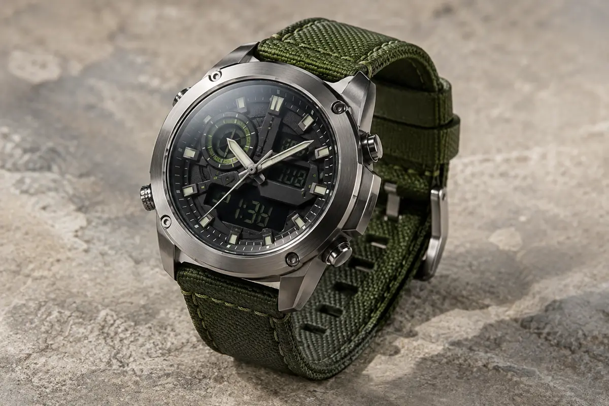 Montre hybride Megalith 8051 avec aiguilles, écran numérique et bracelet vert de style militaire.