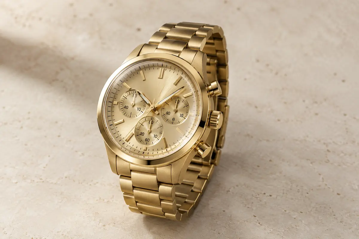 Montre chronographe Michael Kors Bryant à cadran doré, boîtier rond et bracelet en acier assorti.