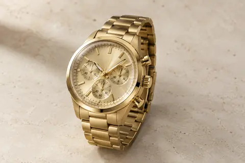 Montre chronographe Michael Kors Bryant à cadran doré, boîtier rond et bracelet en acier assorti.