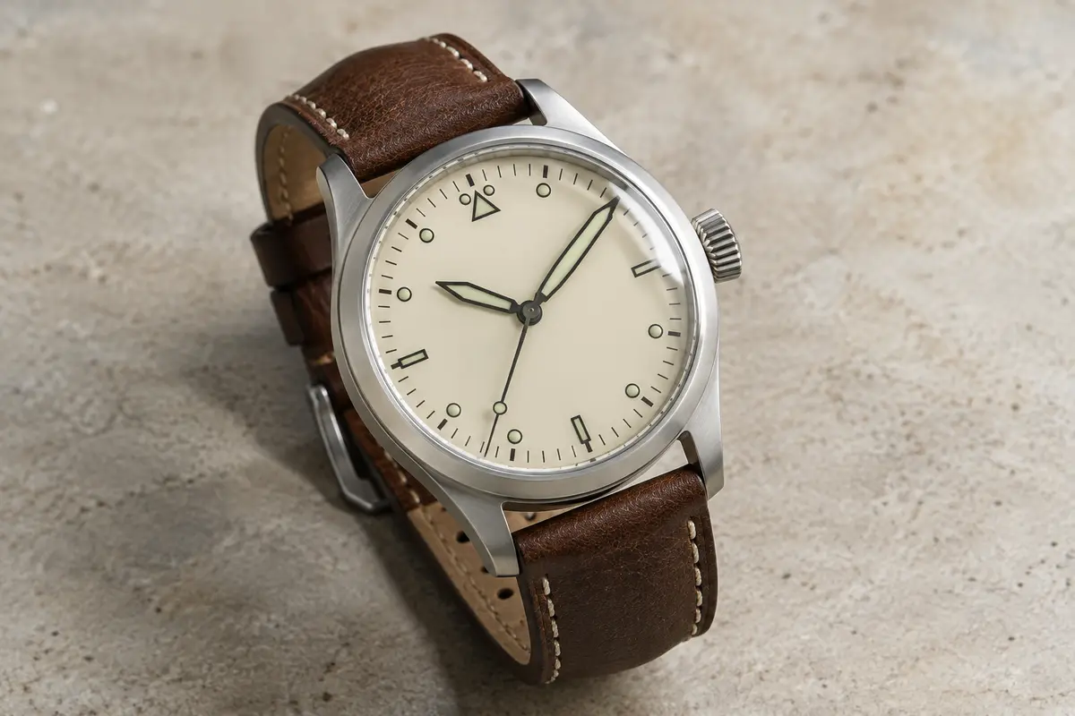 Montre d’aviateur au cadran crème, boîtier brossé et bracelet en cuir véritable marron