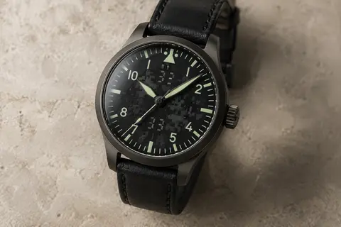 Montre d’aviateur rétro noire avec bracelet en cuir et aiguilles fluorescentes sur fond minéral.