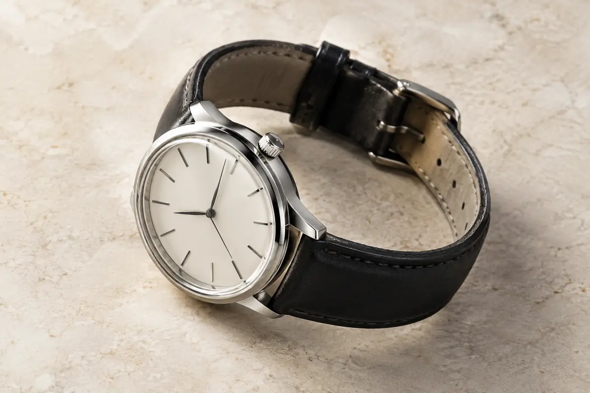 Montre automatique au cadran blanc antique, boîtier argenté et bracelet en cuir noir sur fond minéral ivoire.