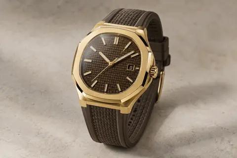 Montre automatique à boîtier octogonal doré, cadran brun à carreaux et bracelet assorti en caoutchouc fluoré