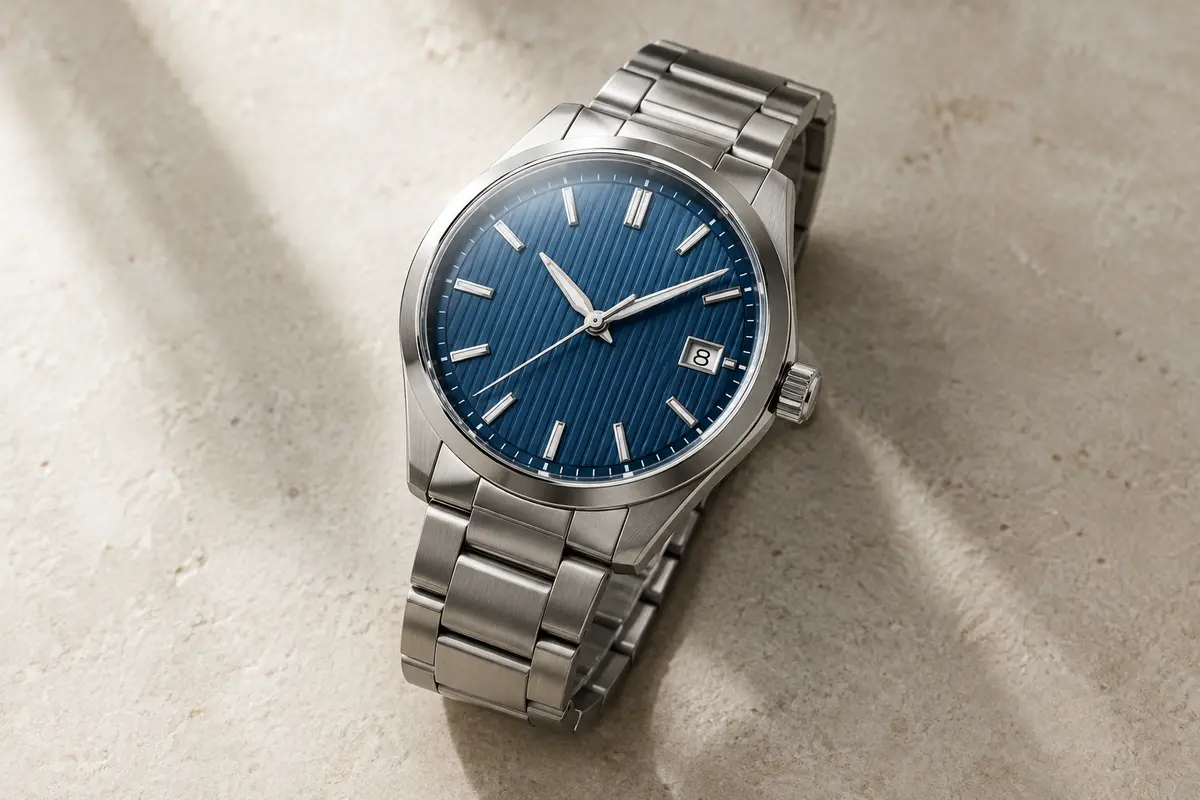 Montre automatique argentée au cadran bleu strié, avec date à 3 heures et bracelet assorti.