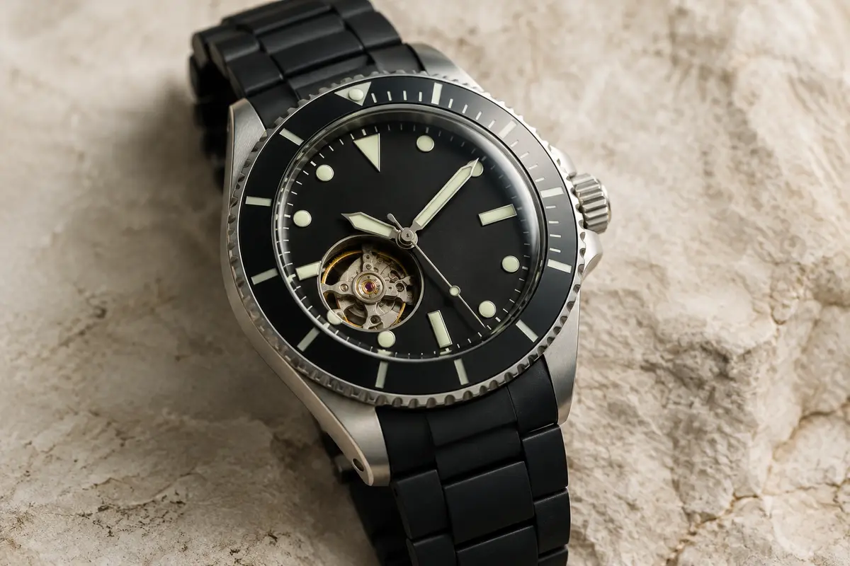 Montre automatique noire et argentée, cadran à date, lunette rotative et boîtier rond en acier