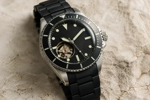 Montre automatique noire et argentée, cadran à date, lunette rotative et boîtier rond en acier
