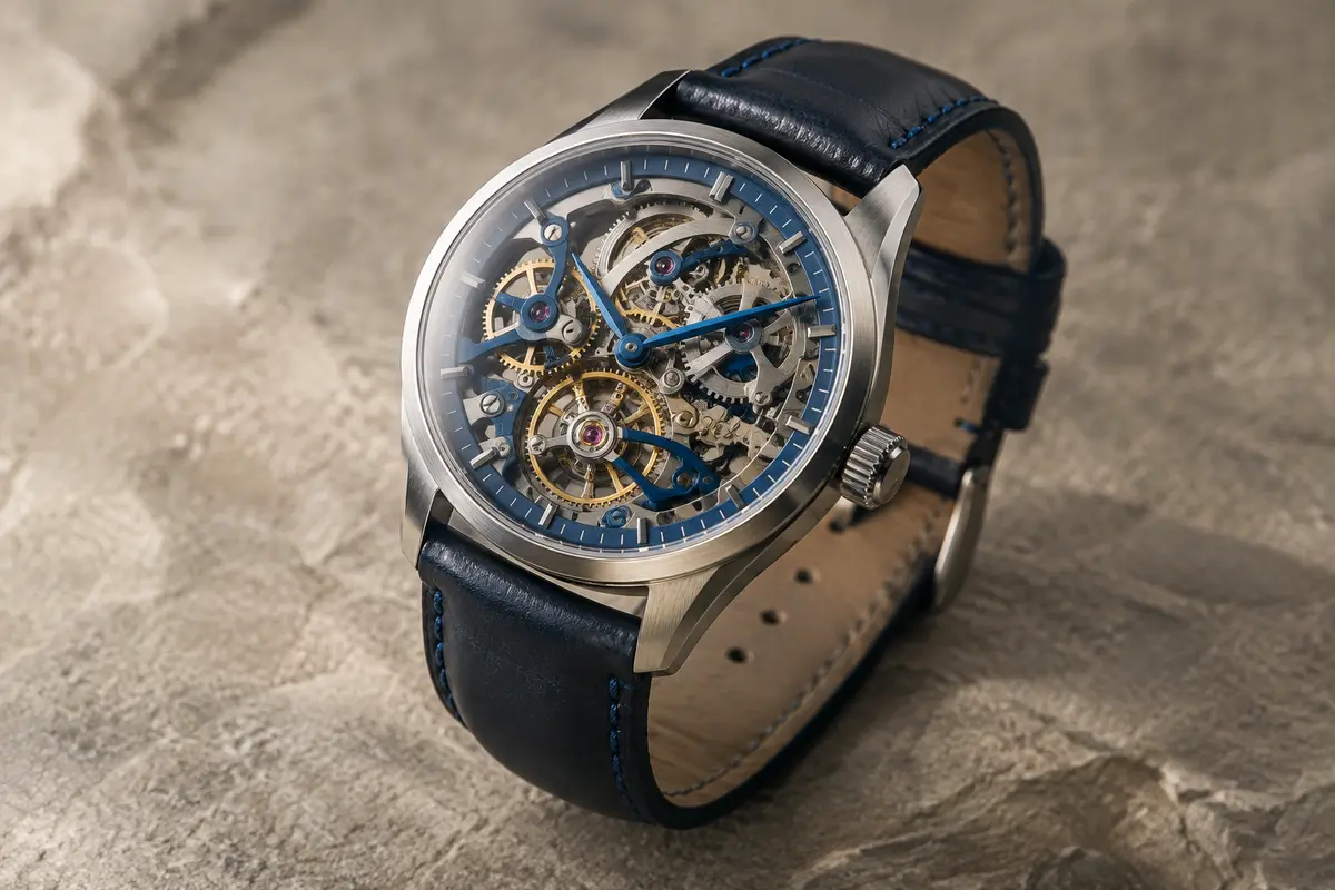 Montre automatique squelette Pagani Design PD-1638, cadran ajouré bleu, boîtier acier et bracelet en cuir.