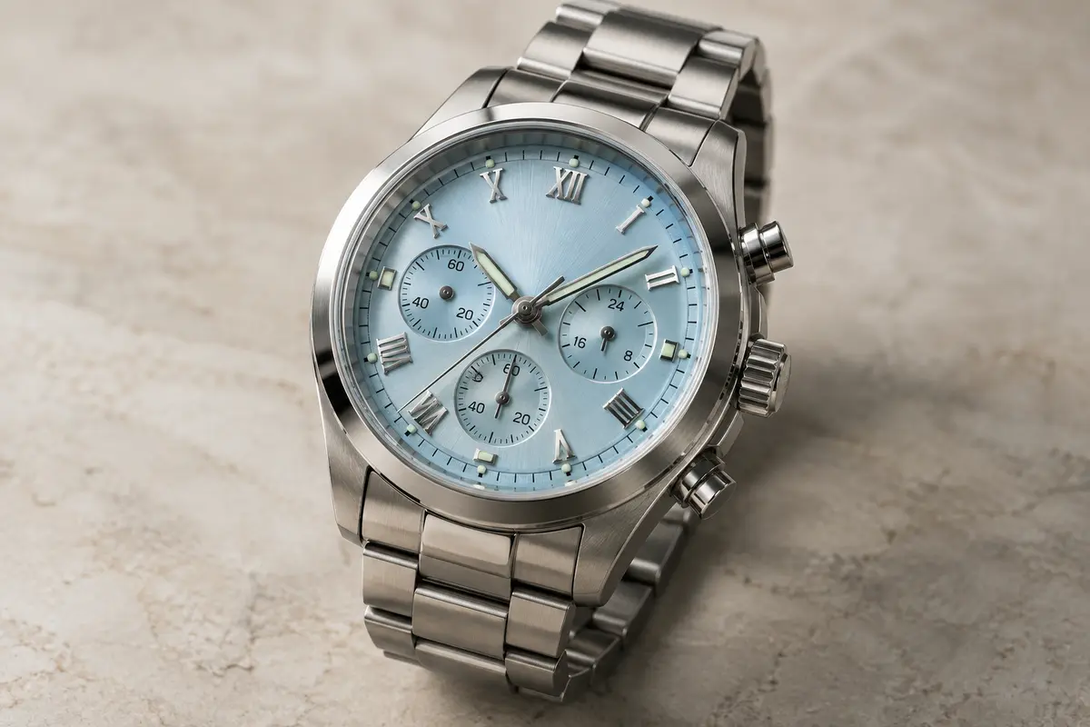 Montre chronographe Pagani Design 1701 à cadran bleu glacier, bracelet en acier et chiffres romains