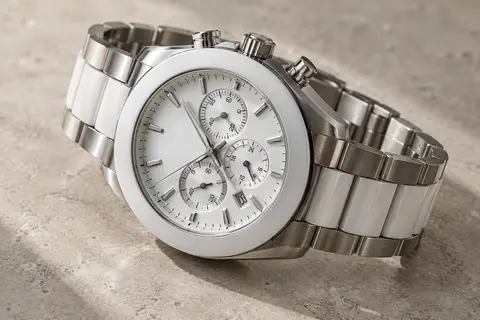Montre chronographe à quartz au cadran blanc, avec trois compteurs, date et bracelet en céramique et acier