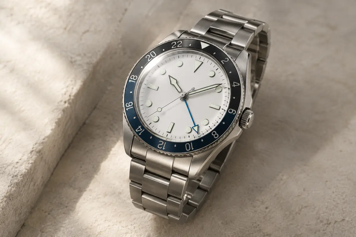 Montre GMT automatique à cadran blanc, aiguilles lumineuses et bracelet en acier inoxydable