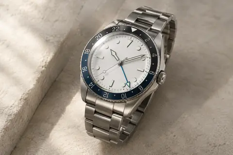 Montre GMT automatique à cadran blanc, aiguilles lumineuses et bracelet en acier inoxydable