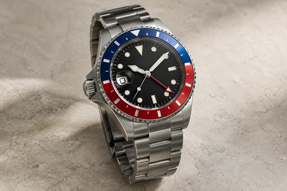 Montre GMT automatique en acier avec couronne à gauche, date agrandie et lunette tournante bleue et rouge.