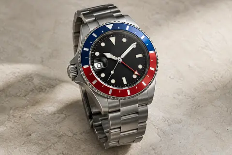 Montre GMT automatique en acier avec couronne à gauche, date agrandie et lunette tournante bleue et rouge.