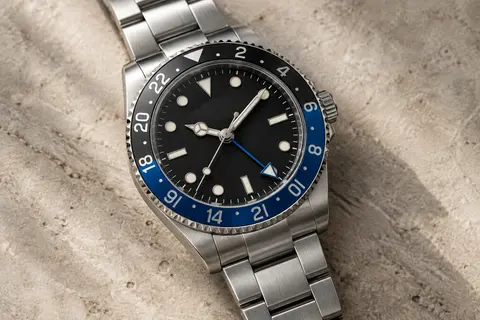 Montre GMT automatique à bracelet métallique, cadran analogique et lunette bicolore graduée sur 24 heures