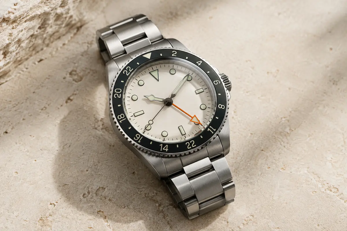 Montre GMT automatique à cadran clair, aiguille orange, repères luminescents et bracelet en acier