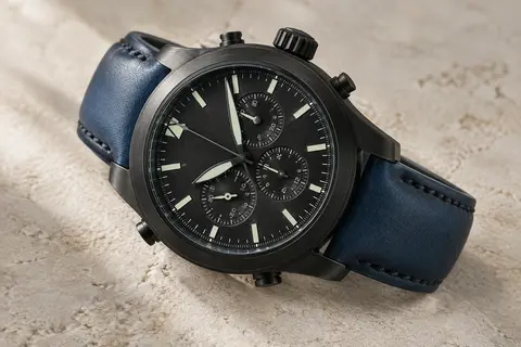 Montre Raptor noire de 52 mm à trois fuseaux horaires, avec aiguilles lumineuses et bracelet bleu en cuir à coutures noires.