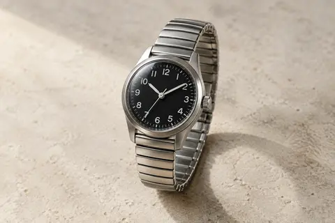 Montre Ravel compacte à cadran noir, grands chiffres blancs et bracelet extensible en acier argenté