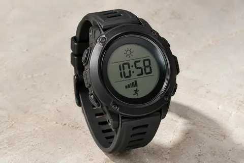 Montre digitale sportive noire à grand cadran LCD, boîtier rond en polycarbonate et bracelet souple