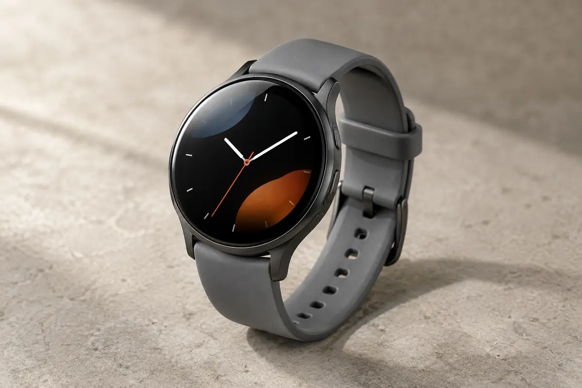 Montre connectée grise avec écran AMOLED tactile et bracelet souple, posée sur un fond minéral clair.