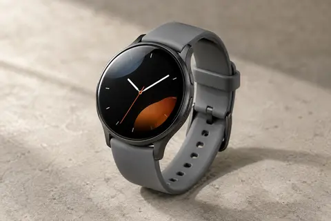 Montre connectée grise avec écran AMOLED tactile et bracelet souple, posée sur un fond minéral clair.