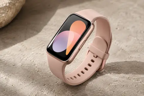 Montre connectée Samsung Galaxy Fit3 or rose, écran AMOLED incurvé et bracelet souple sur fond minéral