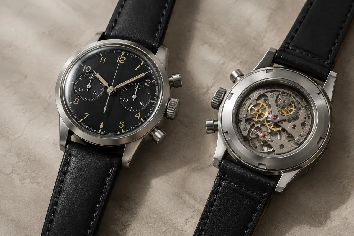 Montre chronographe mécanique Seagull 1963 avec boîtier en acier et bracelet en cuir noir