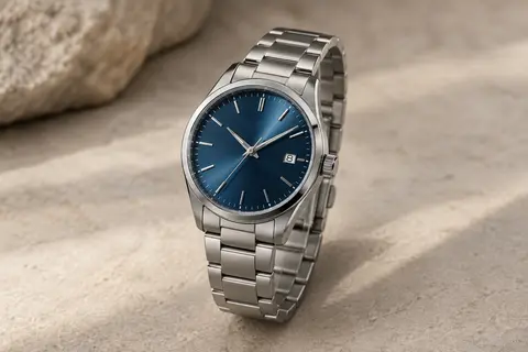 Montre Shengke à cadran bleu de 30 mm et bracelet argenté posée sur un fond minéral ivoire.