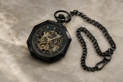 Montre à gousset noire au cadran squelette avec engrenages visibles et chaîne assortie.