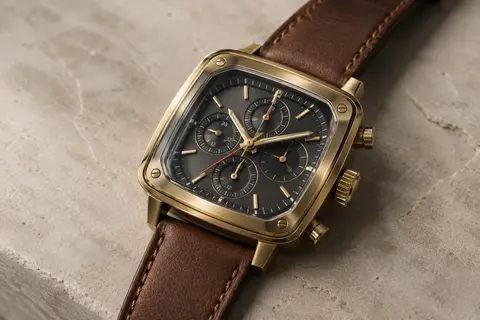 Montre de sport à cadran carré doré, affichages multiples et bracelet en cuir brun sur fond minéral
