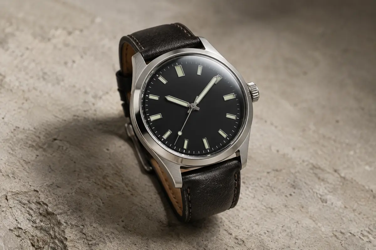 Montre Spinnaker Fleuss automatique à cadran noir, boîtier en acier et bracelet en cuir sombre